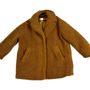 H&M Teddy Coat Jacket Womens XL Orange Brown Fuzzy Comfy Oversized Lined